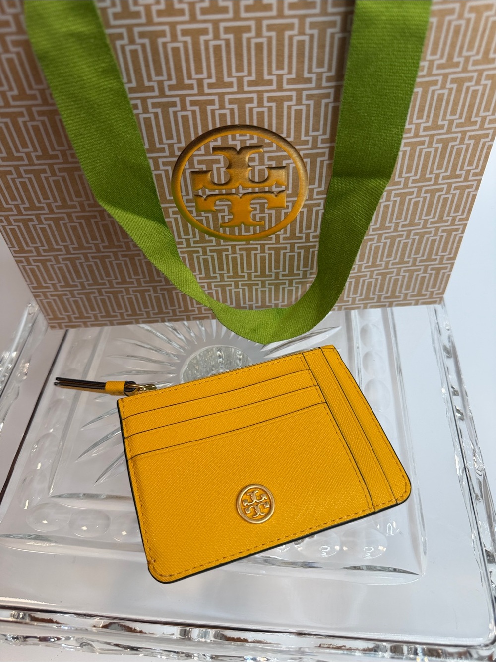 Tory Burch Bright Yellow Saffiano Zip Card Case with Miller Logo- like new